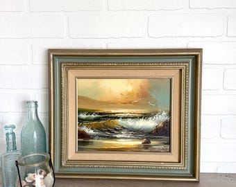 Vintage Framed Oil Painting, Seascape Art, Gold and Green Framed Seascape, Nautical Art, 1970's Seascape