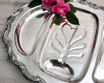 Large Silver Tray, Oval Silverplate Platter, Heavy Silver Tray, Aged Silver, Oval Footed Silver Tray, Hors d'Oeuvre Tray, Charcuterie Tray