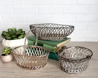 Vintage Silver Plated Basket, Silverplate Woven Basket, Aged Silver Basket, Basket with Handle, Oval Silver Basket, Flower Girl Basket