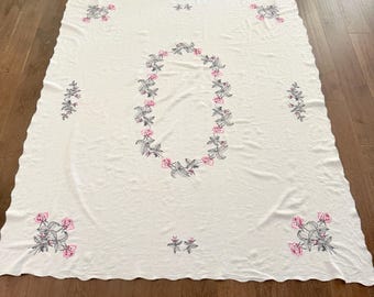 Vintage Hand Embroidered Tablecloth, Pink and Gray Embroidered Tablecloth, Table Cover, Roses Tablecloth, Pink Roses, Handmade Linen Cloth