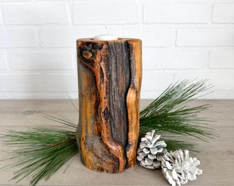 Rustic Wood Log Candle Holder, Hand Carved Natural Wood Vessel, Primitive Farmhouse Decor, Authentic Wood Log Tea Light Candle Holder