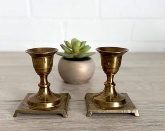 Pair of Short Brass Candle Holders, Small Brass Candleholders, Made in India Candleholders, Boho Gold Candle Holders, Square Base Holders