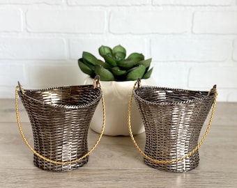 Vintage Silverplated Basket, Silver Woven Basket, Weathered Silver Basket, Metal Basket with Handle, Aged Silver, Flower Girl Basket,