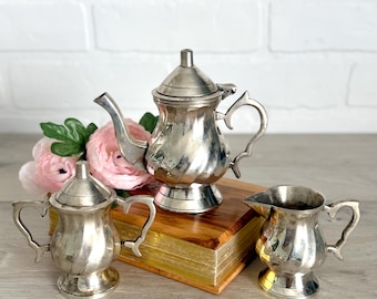 Vintage Miniature Silver Plate Tea Set, 3 Piece Vintage Tea Service, Teapot, Sugar Bowl and Creamer
