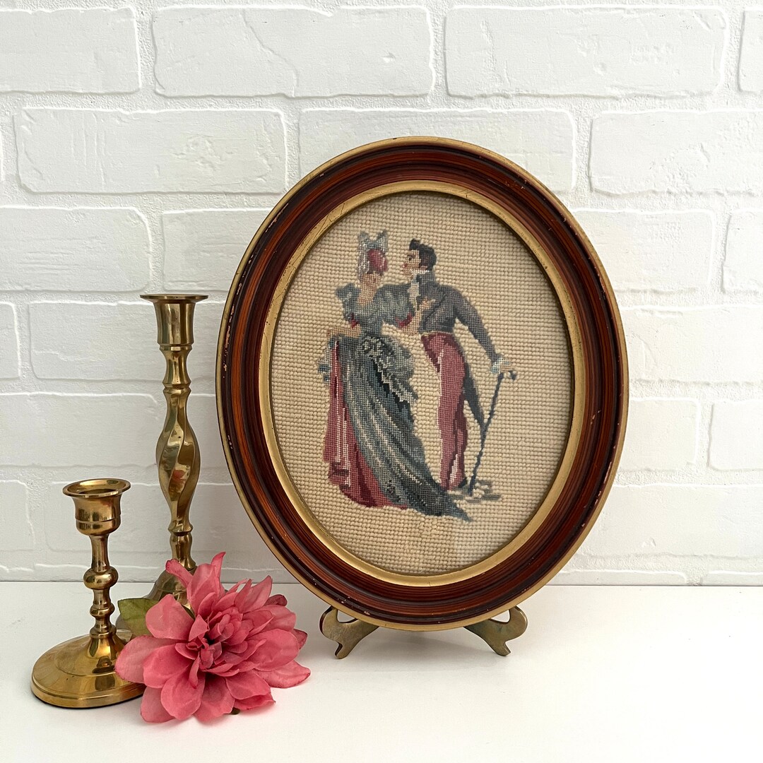 Vintage Oval Framed Needlepoint Oval Framed Victorian Couple Etsy