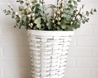 Vintage White Woven Wood Wall Hanging Basket, Hanging Wall Pocket, Decorative Basket for Dried Flowers and Greenery, Storage