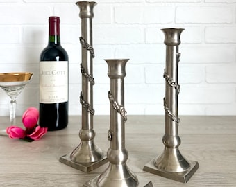 Vintage Cast Brass Silver-Toned Candle Holders, Set of 3 Candle Holders, Tall Ornate Candlesticks, Pewter Look Candle Holders, Made in India