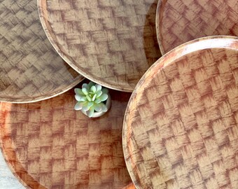 Vintage Cambro Camtray 14" Round Basket Weave Fiberglass Serving Tray, Retro Wood Look, Made in USA,