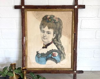 Vintage 11 x 14 Adirondack Frame, Currier and Ives Carrie Print, Tramp Art Frame, Vintage Criss Cross Frame, Overlapping Corners Frame