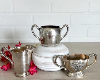Sucrier et crémier vintage en métal argenté, pots à succulentes, petit bol en argent avec anses, petit bol ou pichet en argent
