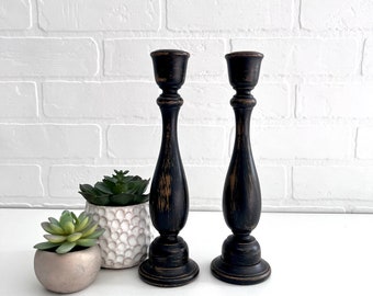 Set of Two Vintage Turned Wood Candle Sticks, Pair of Black Wood Candle Holders, Farmhouse Candlesticks, Retro Candle Holders,