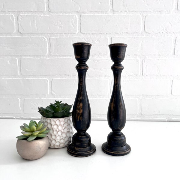 Set of Two Vintage Turned Wood Candle Sticks, Pair of Black Wood Candle Holders, Farmhouse Candlesticks, Retro Candle Holders,