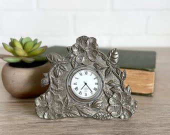 Vintage Kirk Stieff Pewter Tabletop Clock, Pewter Flower Clock, Lenox Clock, Garden Themed Small Clock, Desk Clock, Cottage Decor, Gift