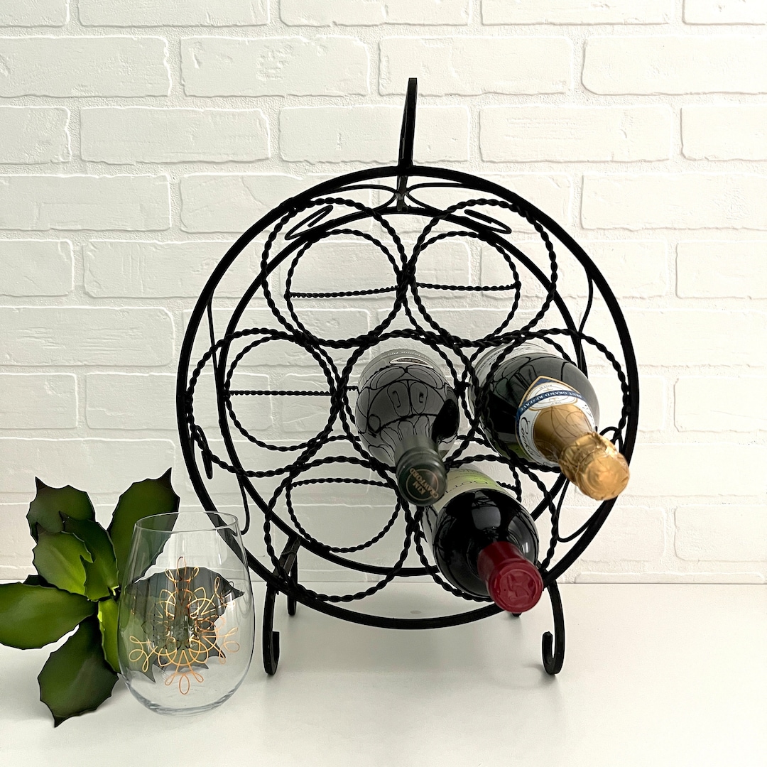 Vintage Black Wrought Iron Round Wine Rack, Metal Wine Rack, Spanish