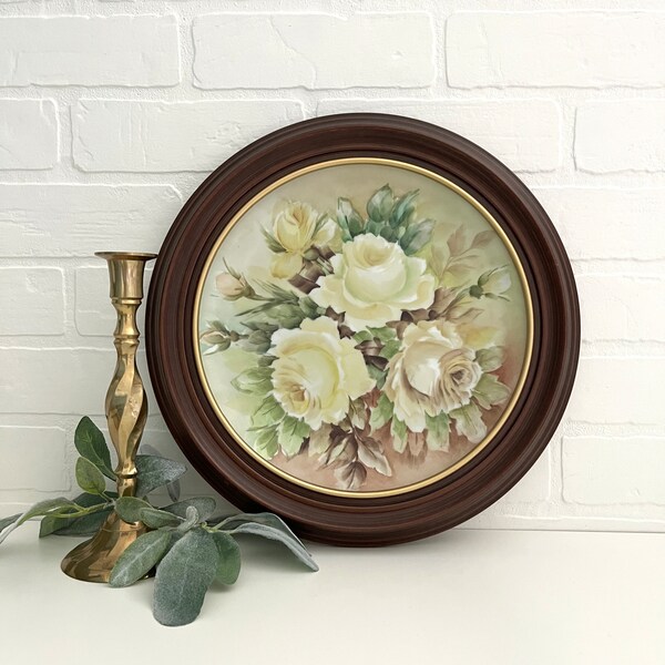 Vintage Hand-Painted Floral, Framed Hand Signed Painted Plate, Round Wood Frame, Hand-Painted Plate, Yellow Roses, Floral Still Life