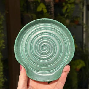 Ceramic spoon rest, spoon plate, handmade pottery, green spoon rest, speckled spoon rest