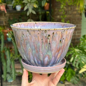 6” Handmade ceramic planter | purple plant pot, planter with saucer and drainage