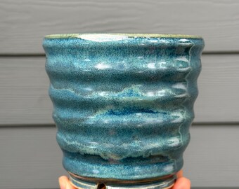 Ceramic 4” planter | handmade pottery, plant pot, blue planter, ribbed planter