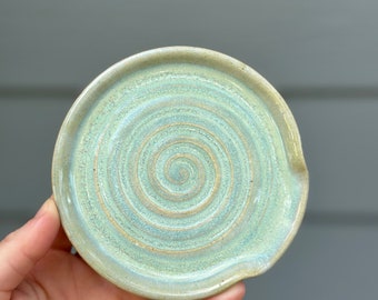 Ceramic spoon rest, spoon plate, handmade pottery, blue green spoon rest