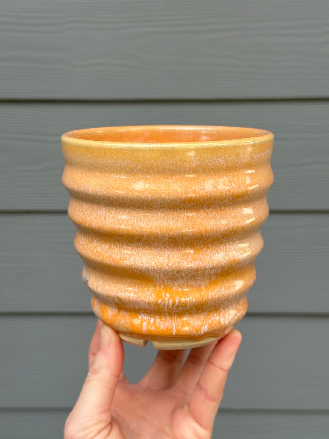 Ceramic 4 Planter Handmade Pottery, Plant Pot, Orange Planter, Ribbed