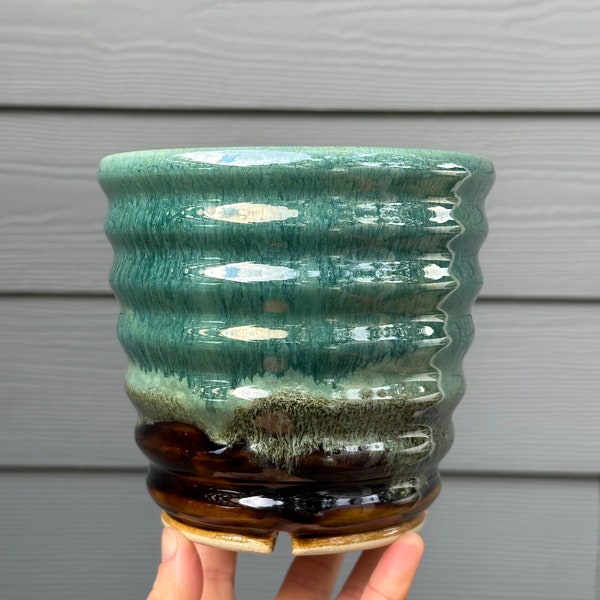 Ceramic 6” planter | handmade pottery, plant pot, blue planter, green planter, ribbed planter, brown planter, Mother’s Day