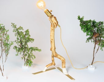 Table lamp "Skier I", natural branch, white without, art, Edison light bulb, Vintage