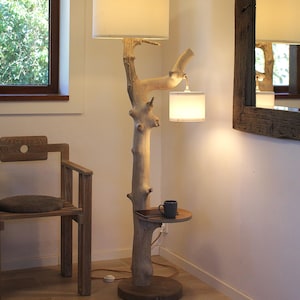 Oak Branch Floor Lamp with Coffee Table: Hidden Cord, Dimmable LED