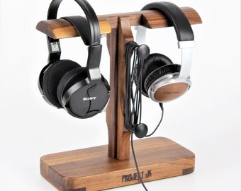 Exclusive double headphone stand "Symfonia 01- Exclusive". American walnut. A gift for a music lover, desk accessories.