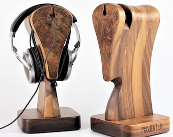 An exclusive stand for headphones "Gambit 05A - Exclusive". Wood - American walnut. Blur veneer. Made by hand, gift for him, for audiophile