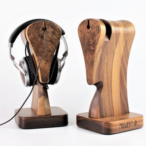 An exclusive stand for headphones "Gambit 05A - Exclusive". Wood - American walnut. Blur veneer. Made by hand, gift for him, for audiophile