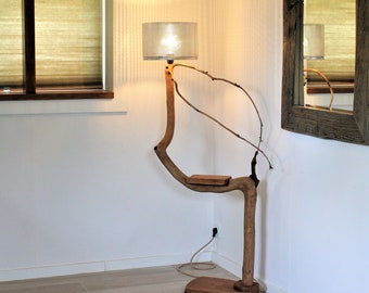 Lamp made of natural oak branch -76- shelf, metal shade. Mood light. eco lamp. nature design.