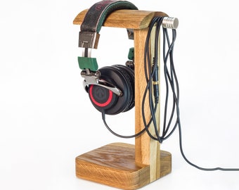 Soporte para auriculares "FOR 4", una percha para auriculares, electrónica y accesorios, madera de roble, un regalo, almacenamiento de auriculares