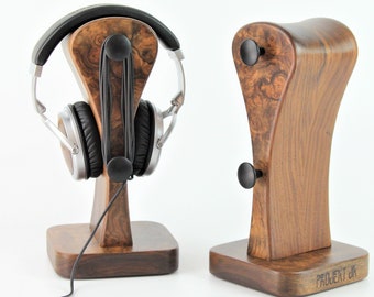 Exklusiver Kopfhörerständer „IT 05 – Exclusive“. Amerikanischer Nussbaum, Wurzelholzfurnier, handgefertigt, Geschenk für ihn, Audio, DJ