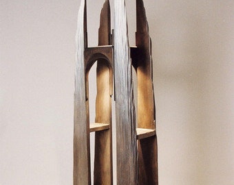 Lámpara "Peak", lámpara de pie, escultura, arte, madera, halógena.