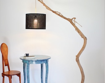 Floor lamp made of an old oak branch -75- Lamp above the table, arc lamp, height adjustable lampshade, black and gold lampshade