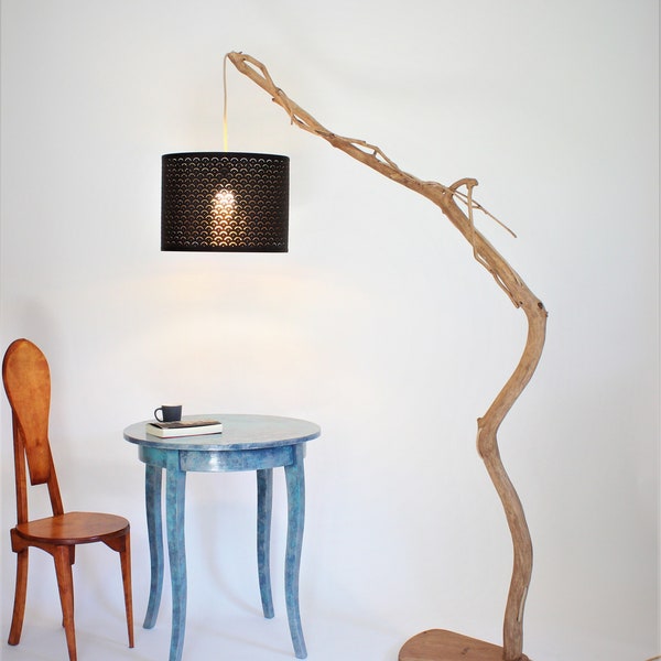 Lampadaire branche de chêne -75- Lampe dessus de table, lampe arc, abat-jour réglable en hauteur, abat-jour noir et or