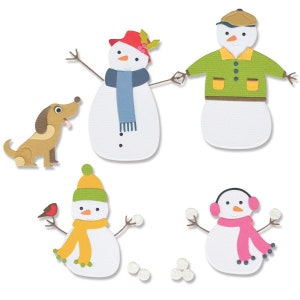 May include: Four paper snowmen with different hats and scarves, one with a red bird on its arm, and a brown dog with its tongue sticking out. There are also white snowballs scattered around.