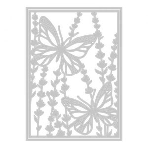 Op de afbeelding: Een zilveren metalen stansvorm met een ontwerp van twee vlinders en lavendelbloemen. De vlinders zijn gedetailleerd met aderen en hebben een delicaat, ingewikkeld ontwerp.