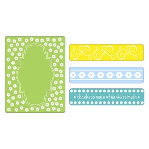 Peut inclure: Un ensemble de quatre étiquettes cadeaux imprimables avec des motifs différents. La première étiquette est verte avec des pois blancs et un cadre blanc. La deuxième étiquette est jaune avec un motif de volutes blanches. La troisième étiquette est bleu clair avec un motif de pois blancs et de fleurs. La quatrième étiquette est turquoise avec des pois blancs et le texte "merci beaucoup" répété deux fois.