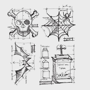 Puede incluir: Un boceto en blanco y negro con diseños temáticos de Halloween. Incluye una calavera con huesos cruzados (61 cm de ancho), una telaraña (61 cm de ancho), un diseño de ala de murciélago y una lápida con "RIP".