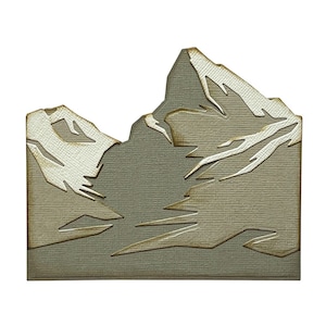 May include: A paper craft illustration of a mountain range with a textured, gray background and white snow peaks.