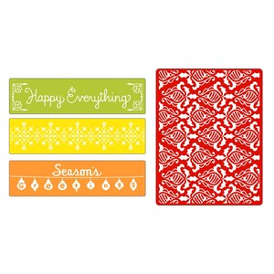 Może przedstawiać: Trzy drukowane etykiety prezentowe w świątecznym stylu. Górna etykieta jest zielona i zawiera napis "Happy Everything". Środkowa etykieta jest żółta z białym geometrycznym wzorem. Dolna etykieta jest pomarańczowa i zawiera napis "Season's Greetings" z łańcuchem ozdób.