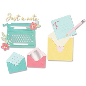 Puede incluir: Un conjunto de formas de papel troqueladas para scrapbooking y creación de tarjetas. El conjunto incluye una máquina de escribir, sobres, una nota y flores. Los colores son amarillo, rosa, azul y verde.