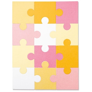 May include: A nine-piece jigsaw puzzle with yellow, pink, and white pieces. The puzzle is made of cardboard and has a textured surface.