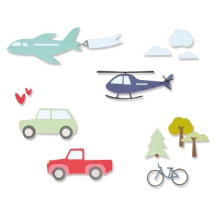 May include: A set of paper cutouts featuring various modes of transport, including a blue helicopter, a green car, a red pickup truck, a blue bicycle, and a light blue aeroplane with a white banner. There are also two green trees and two white clouds.