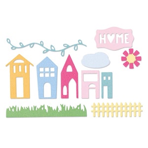 Puede incluir: Un conjunto de recortes de papel de colores que representan casas, una valla, hierba, una nube, una flor y un cartel que dice "HOME".