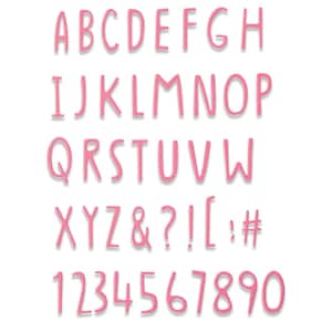 May include: Pink alphabet letters and numbers with a white outline. The letters are in uppercase and the numbers are in a standard font.