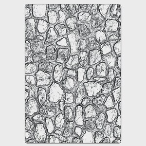 May include: A rectangular pattern featuring a stone wall design. The image shows a detailed arrangement of irregularly shaped stones in varying shades of grey and white, creating a textured, naturalistic appearance. The stones are outlined in black, enhancing the contrast.