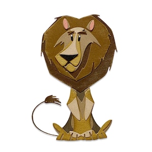May include: A cartoon lion with a brown mane and a light brown body. The lion has a pink nose and ears and is sitting with its legs crossed.
