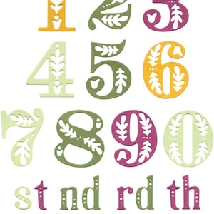 May include: A set of decorative numbers with floral designs in yellow, green, and purple. The numbers include 1 through 10, as well as the letters 'st', 'nd', 'rd', and 'th'.